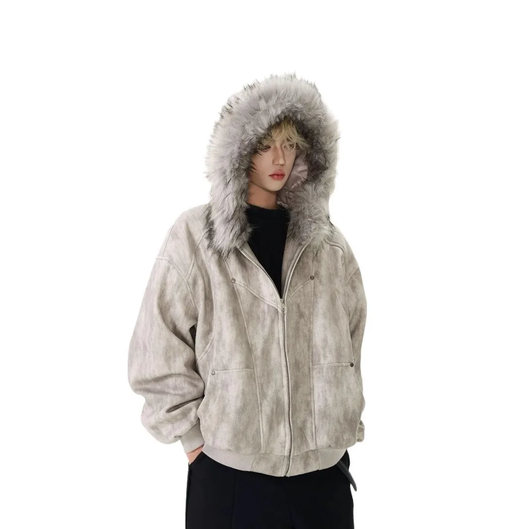 Y2k Condor Style Tie-Dye heren winterjas, luxe vossenbontkraag heren parka's met capuchon, zwaargewicht geïsoleerde warme jas voor heren
