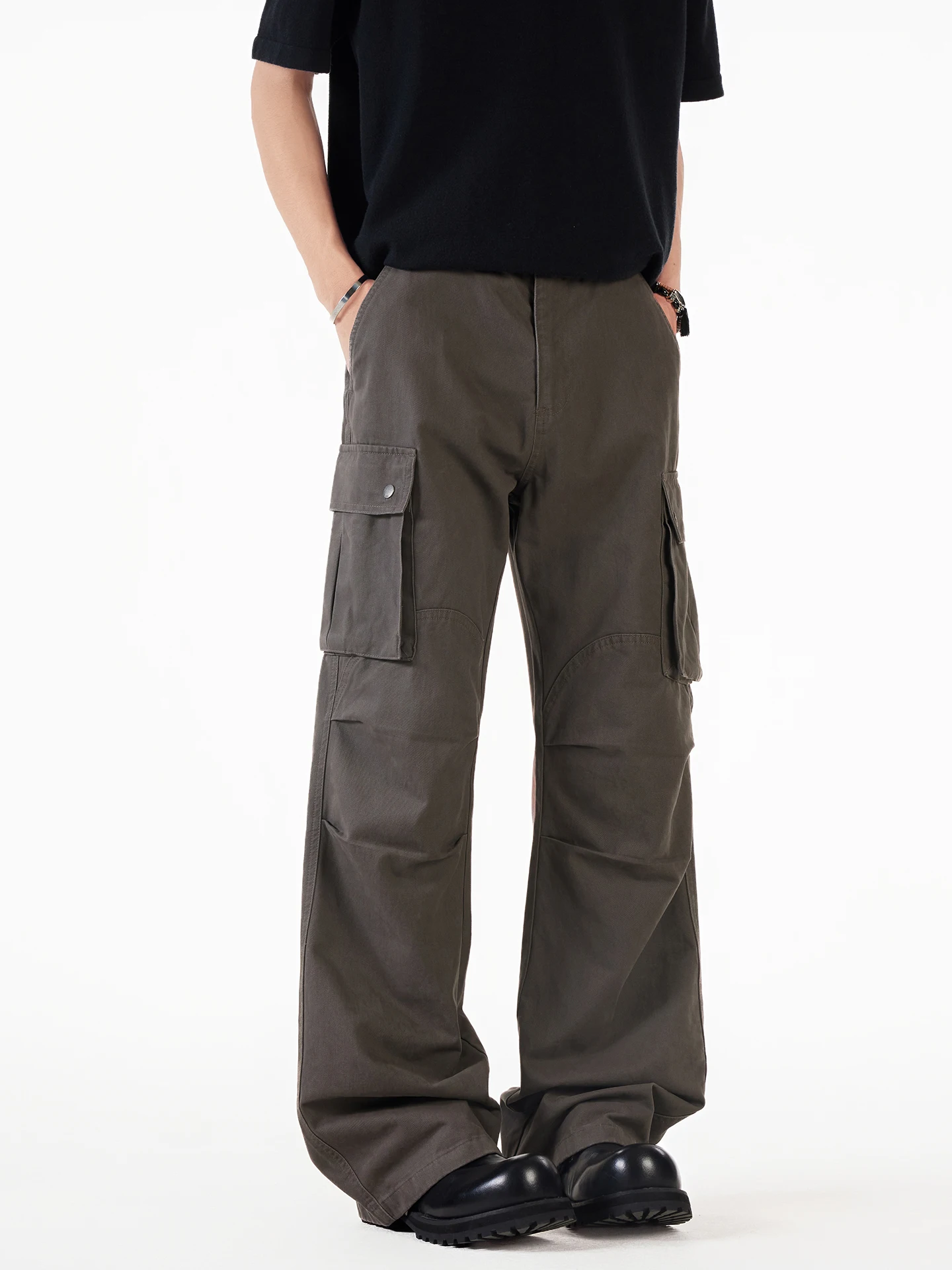 American Retro Waed Canvas Work Trousers Men's Summer Loose Wide Leg Casual Pants Multiple kets Pleated Straight Cut