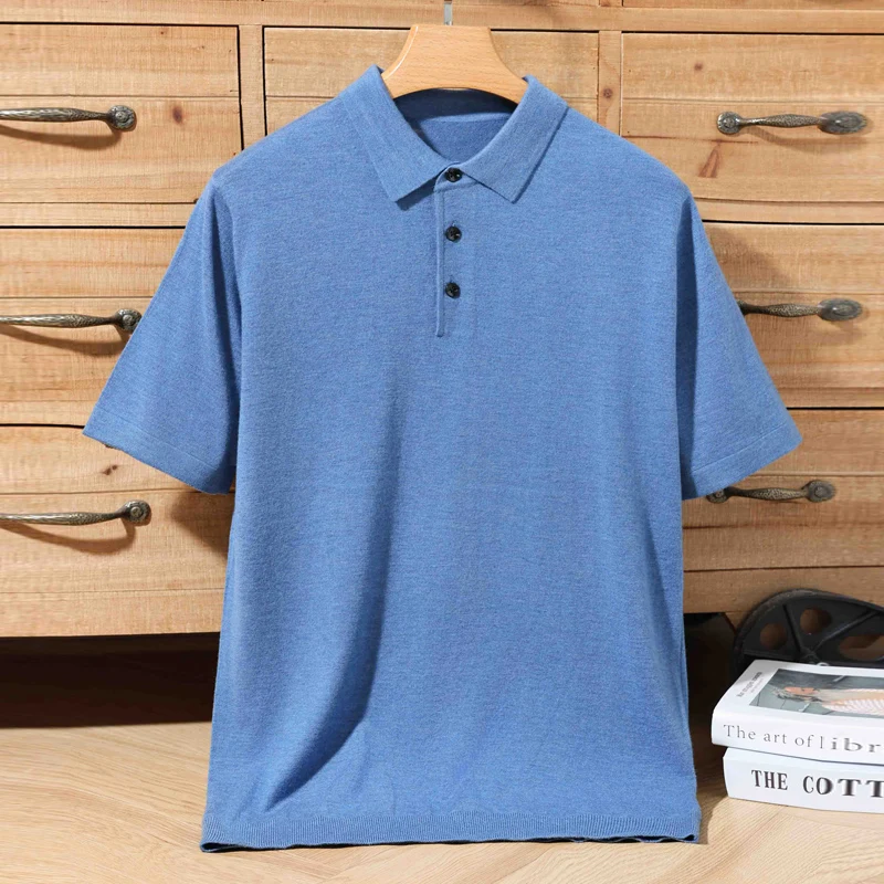 Suéter de lana pura 100% para hombre, Jersey de punto con cuello tipo POLO, camisa informal de manga corta para jóvenes, de alta calidad, primavera