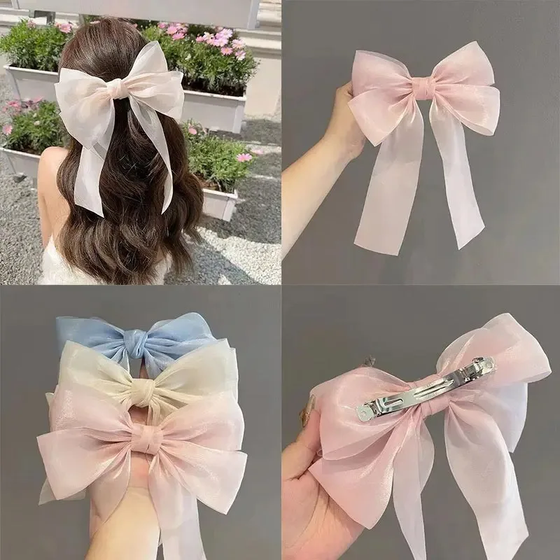 

Women Elegant Mesh Gauze Big Bow Ribbon Hair Clips Solid Color Satin Party Princess style Hair Accessories