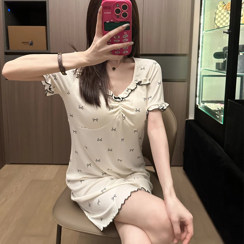 sweet-style-summer-sleepwear-modal-pure-cotton-knot-home-clothes-for-girls-with-chest-pad-can-be-worn-outside