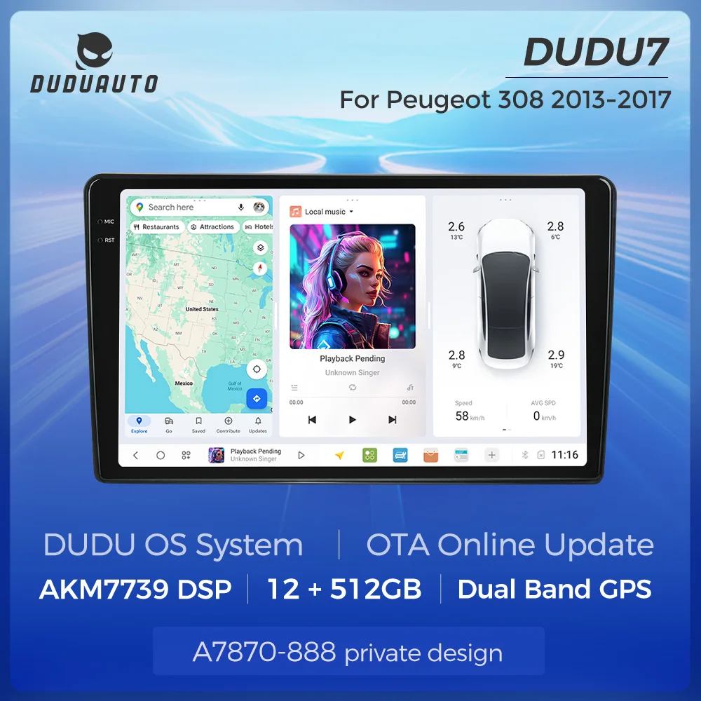DUDUAUTO DUDU7 Autoradio Android 13 A7870 AKM7739 TDA7808 pour Peugeot 308 T9 308S 2013 - 2017, Carplay sans fil, Navigation GPS, Systèmes intelligents