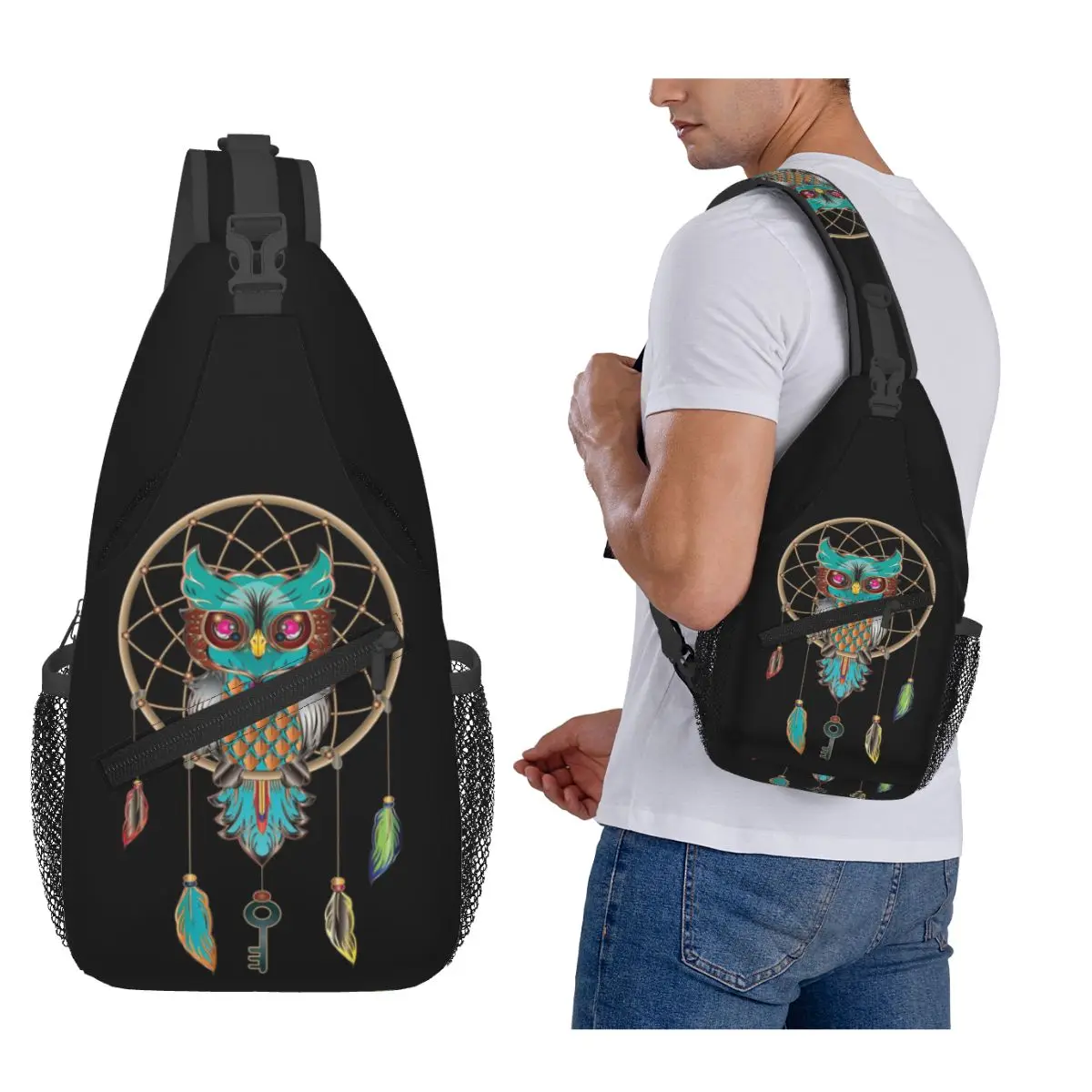 

Native Mandala Owl American Chest Bag Men Sling Crossbody Backpack Chest Bag Travel Hiking Daypack Shoulder Bag