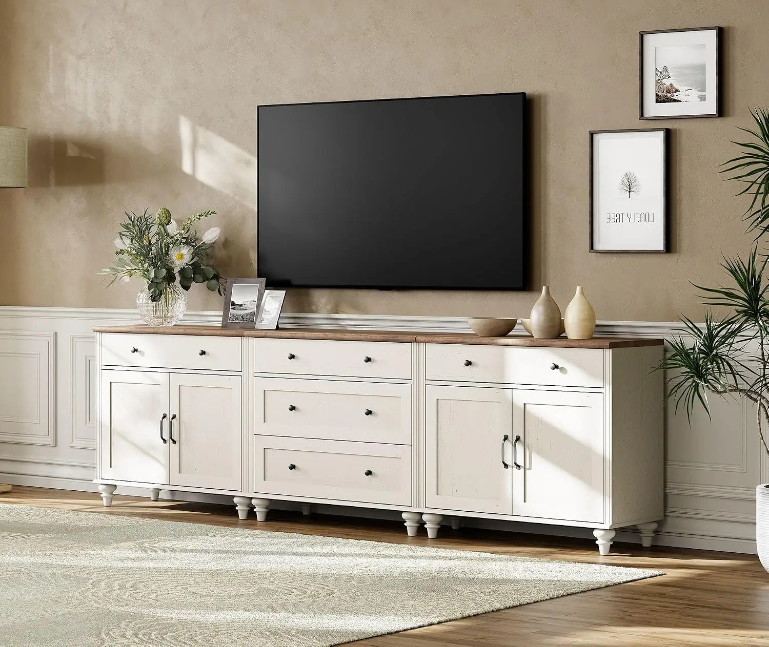 Farmhouse TV Stand Console 100 Inch TV 75-90 Inch 5 Drawers 4 Doors Sideboard Buffet Dining Room, Customized
