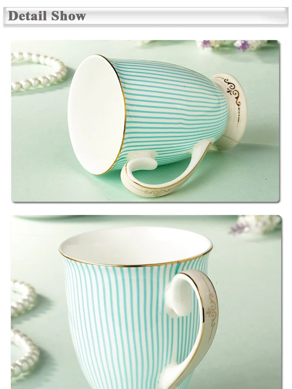 Elegant Tea cups British Purified Ceramic Cups Bone China Blue Stripes Coffee cup Golden Pattern Fashion Unique Design Goblet