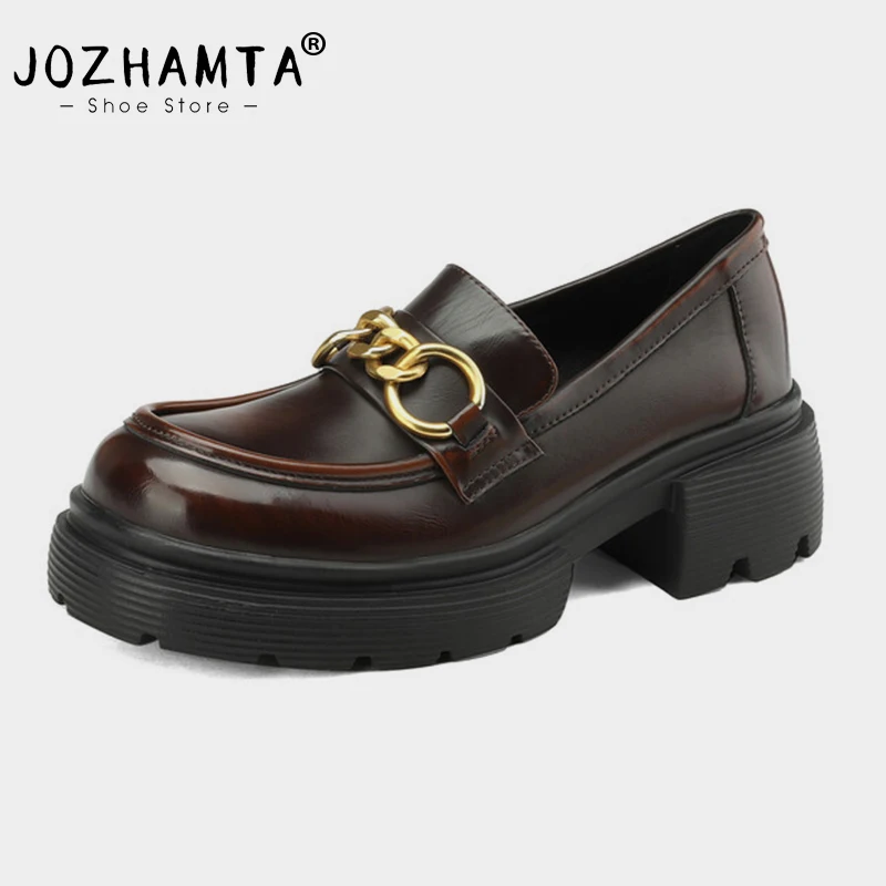 

JOZHAMTA Size 34-39 Women Platform Chunky Heels Pumps Real Leather 2025 Ins Chain Mid Heel Loafer Casual Daily Office Lady Dress