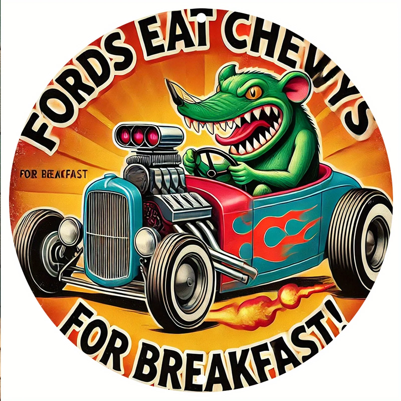 2D flaches 1-teiliges Retro-Wandkunst-Logo „Ford Eats Chevrolet“, Holz, geeignet für Garagendekoration, vorgebohrt, einfach zu installieren