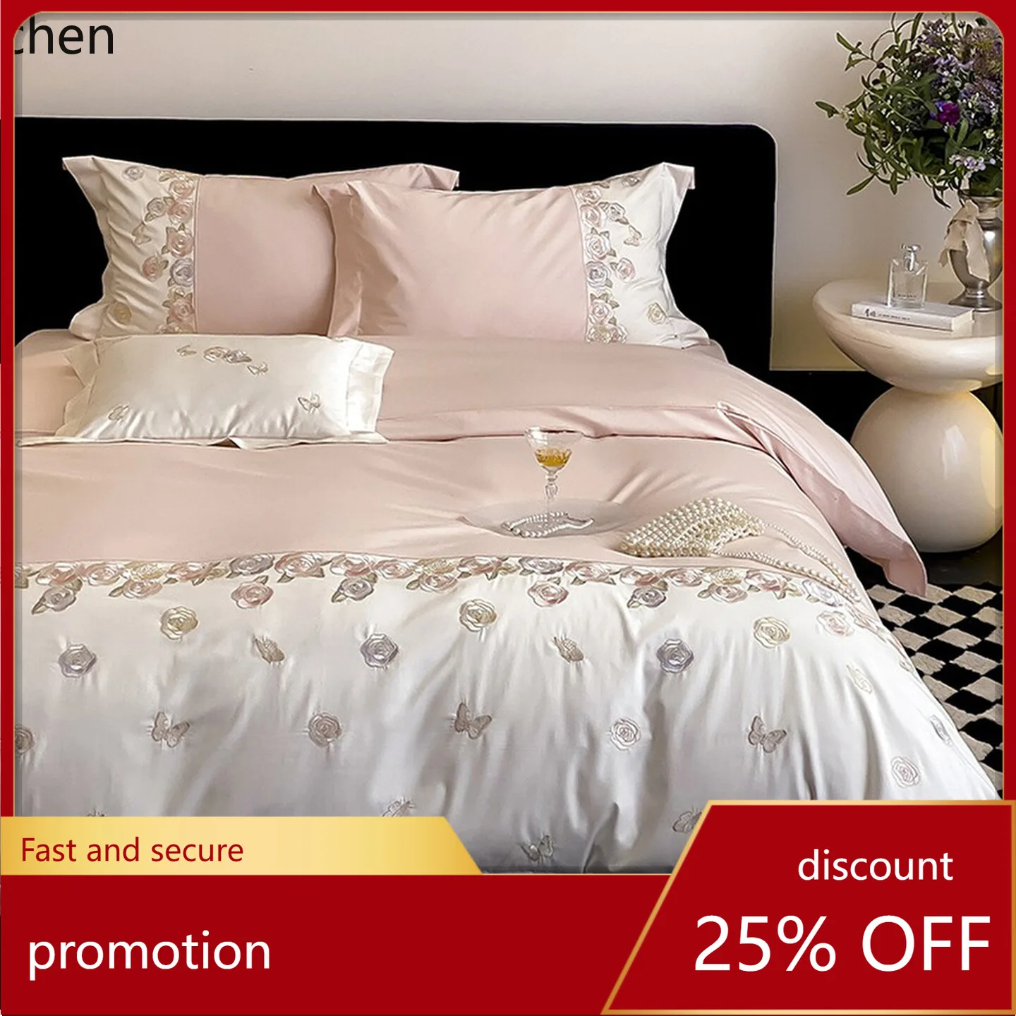 

H1 High-Quality Pure Cotton Long-Staple Cotton Spring and Autumn Pink-Purple Bedding Set with Duvet Cover, All Cotton