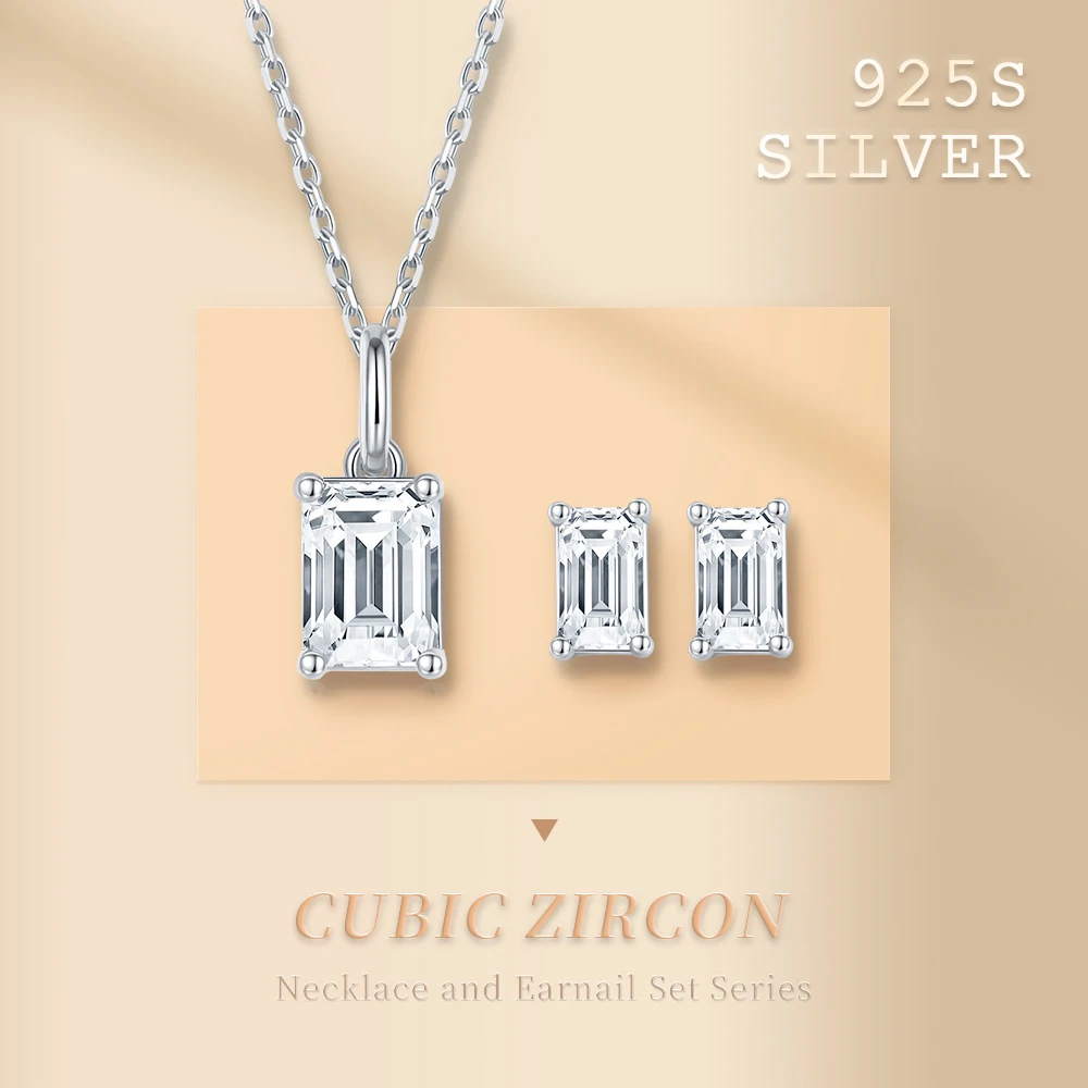 

Rectangular S925 Sterling Silver Fashion Jewelry Zircon Pendant Clavicle Necklace Earrings Simple Temperament Lady Lover Gift
