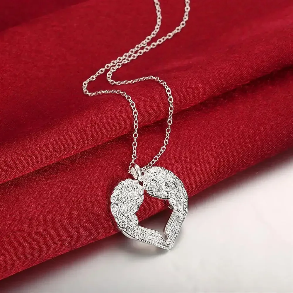 

Hot Angel Wings Heart Pendant 925 Sterling Silver Necklace For Women Popular Brands Christmas Gift Fashion Party Wedding Jewelry