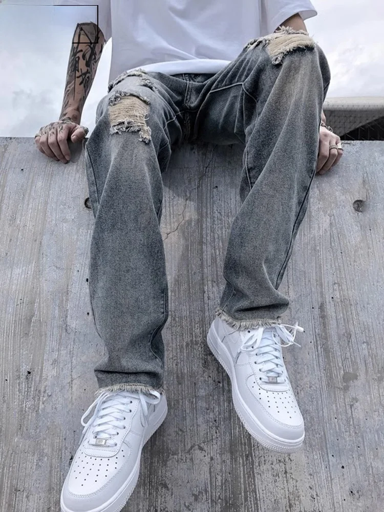 

Модные мужские джинсы в американском стиле ретро, летние повседневные длинные брюки High Street INS, потертая верхняя одежда с вышивкой и вышивкой