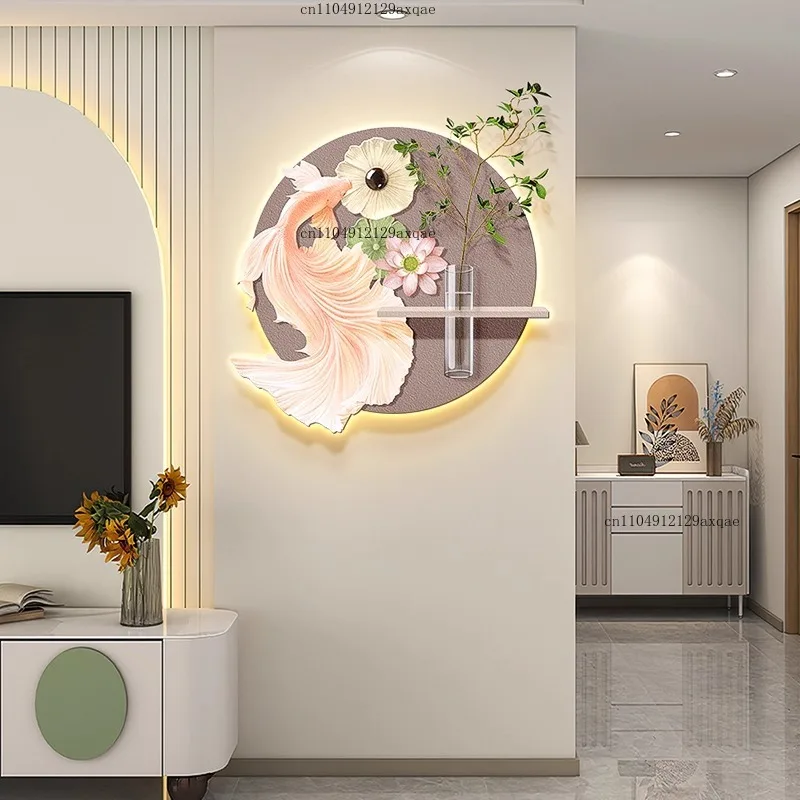 Foyer Koi Fish Restaurant Art Decorative Painting Hydroponic Plants Light Emitting Diode Painting Lotus Sandstone Circle
