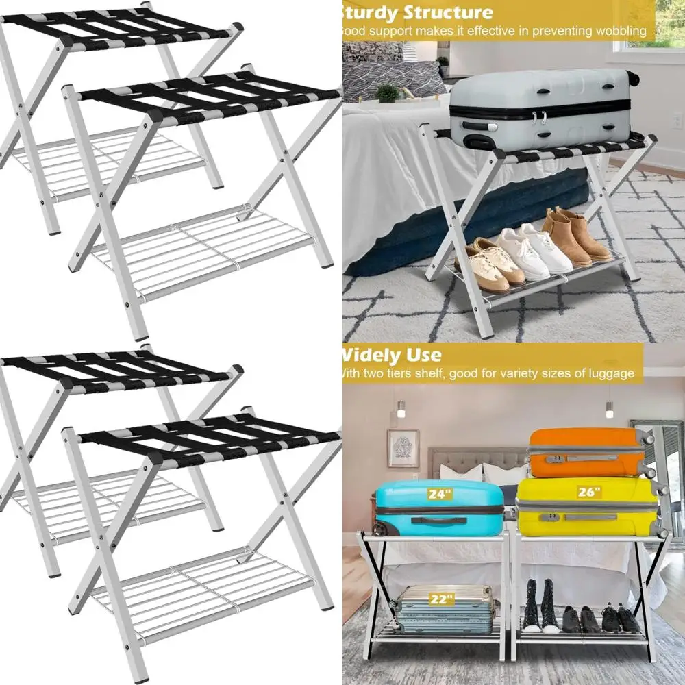 

White Heavy-Duty Steel Folding Suitcase Rack with Metal Shelf for Guest Rooms and Living Spaces