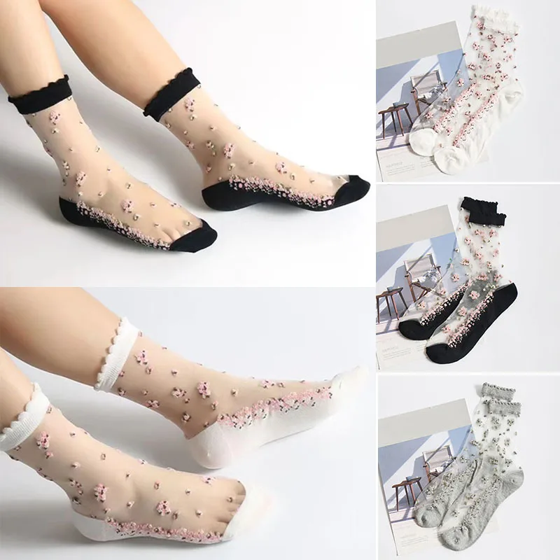 

Women Sexy Mesh Floral Short Socks Cute Ladies Transparent Summer Thin Casual Socks