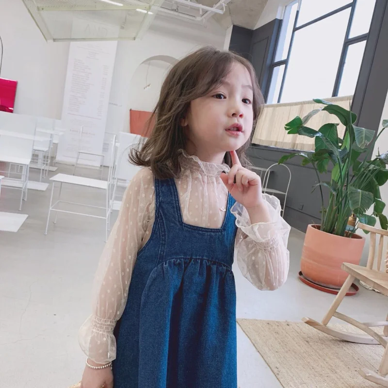 Hnq-Conjunto Doce Infantil, Top de Renda Feminina, Vestido Jeans, Roupa Infantil de Duas Peças, Transporte da Gota, Outono