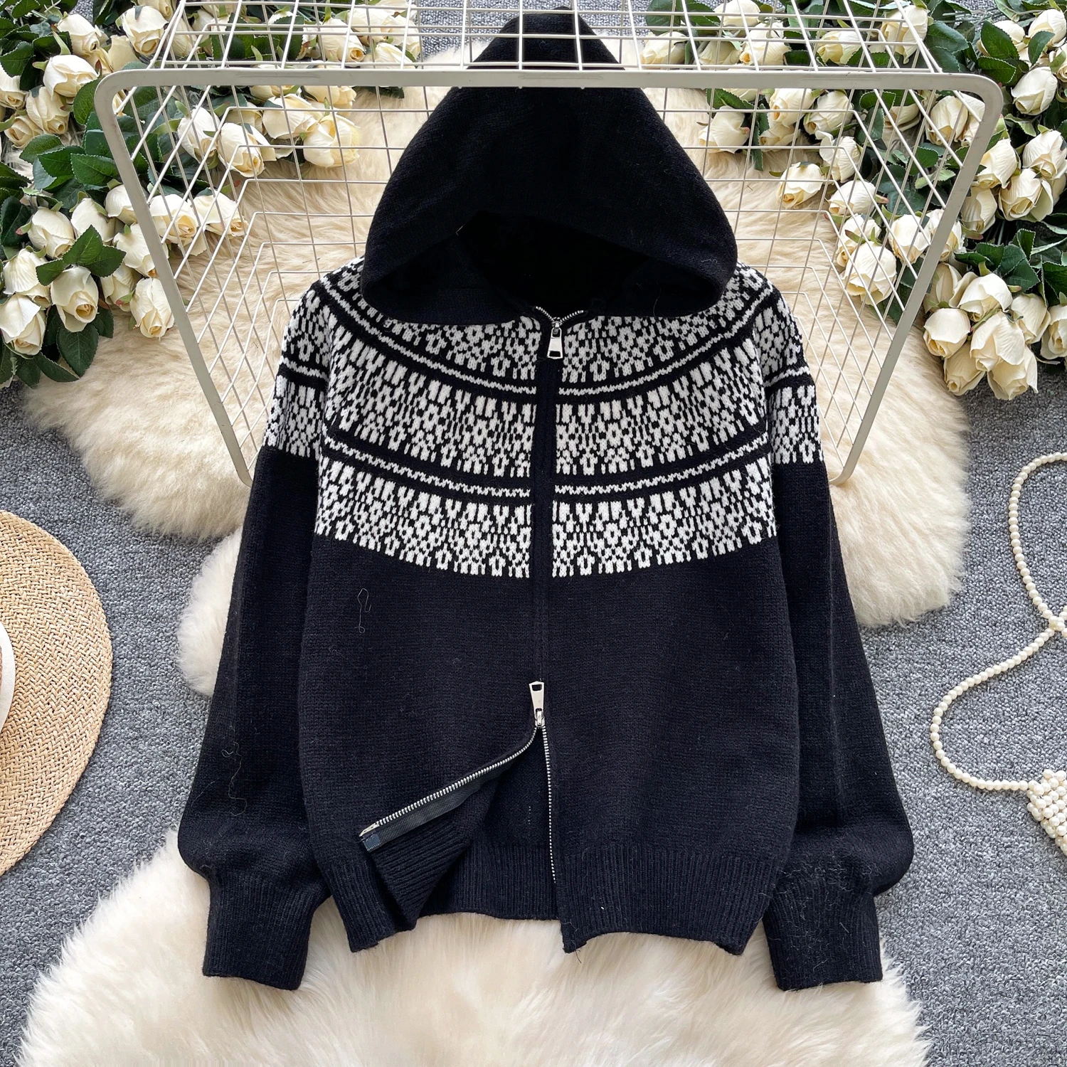 Cardigan con cappuccio jacquard con doppia cerniera Autunno Inverno Nuovo maglione lavorato a maglia a maniche lunghe Casual con giunture larghe Cappotti caldi versatili