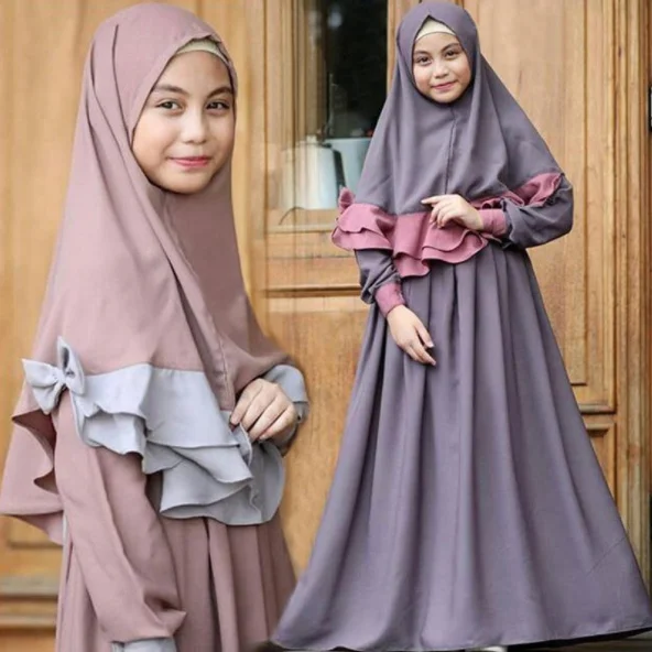 Muslim Children Girls 2 Pieces Prayer Dress Hijab Abaya Ramadan Sets Arab Kids Jilbab Headscarf Long Robe Islamic Chador Gown