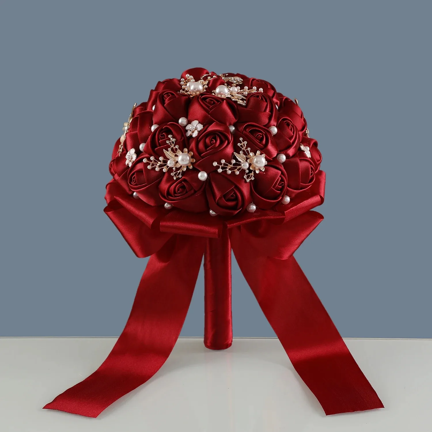 باقات زفاف أنيقة من اللؤلؤ الساتان، باقات يد زفاف باللون الأحمر الخمري، لأعياد الميلاد وعيد الحب والمناسبات الأخرى