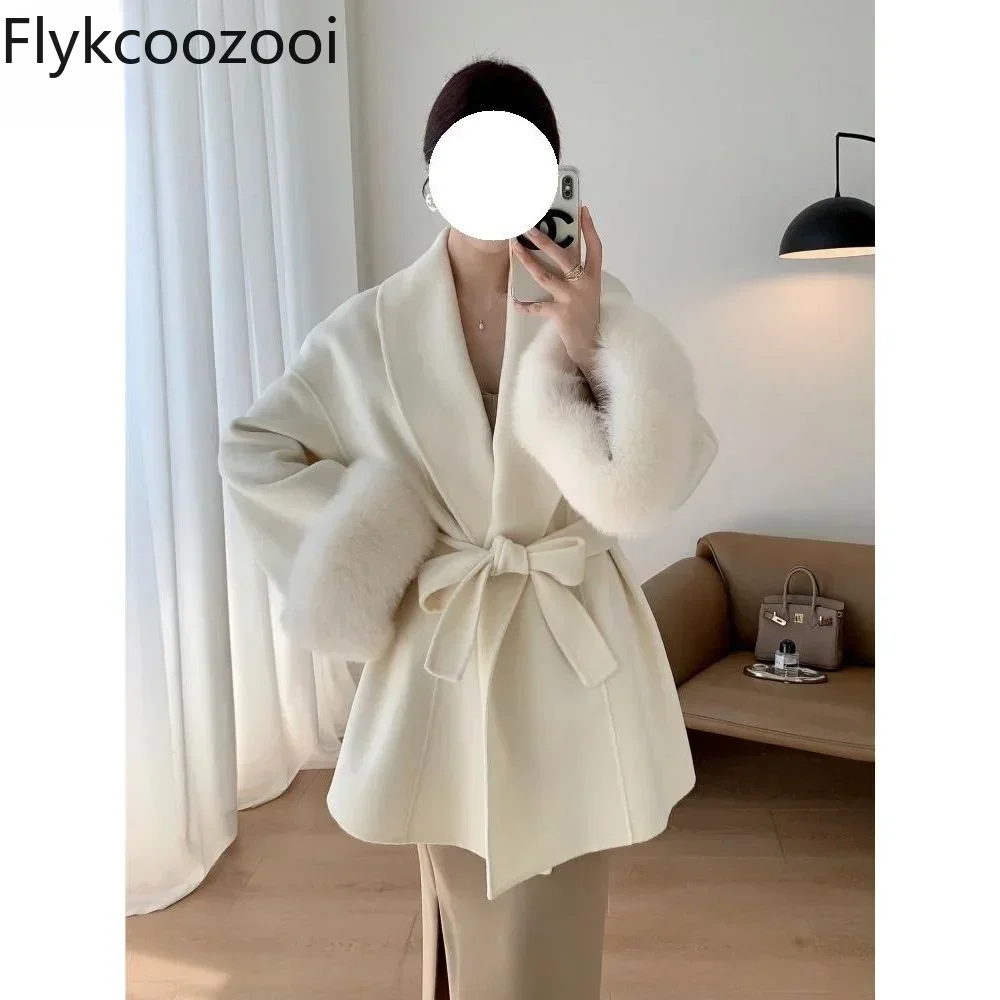 Autumn and Winter New Korean Version of Solid Color Fashion Strap Waist Woolen Loose Cloak Coat Casual Fashion Tweed Jacket