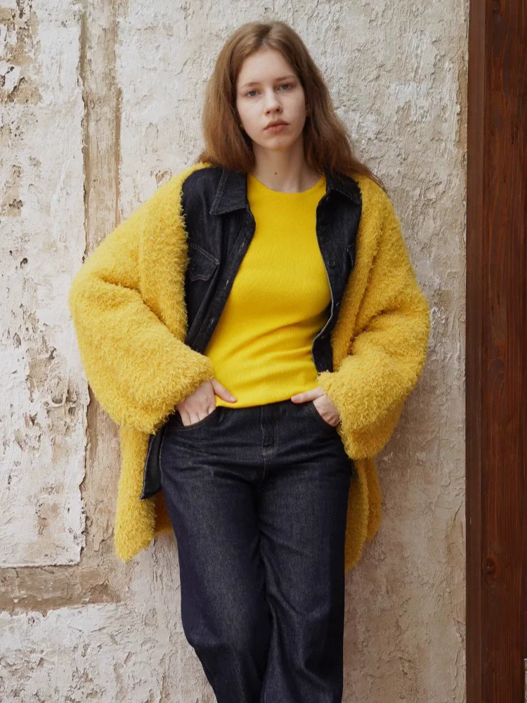 134cm Bust Spring Autumn Women Yellow Ultra Loose Oversized Comfy Soft Fleeced Knitted Sweaters Cardigans