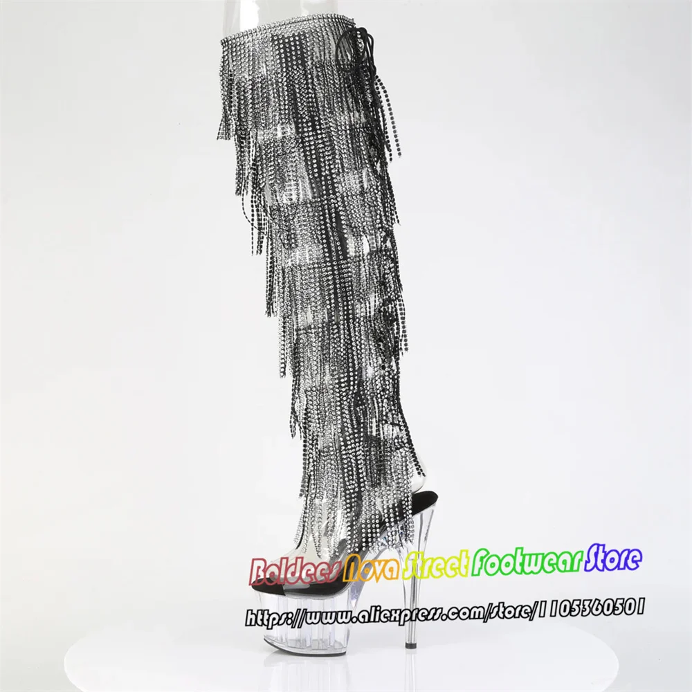 17Cm Thin Heel Platform Transparent Steel Tube Dance Model Walking Show Tassel Silver Front Slingback Over The Knee Boots