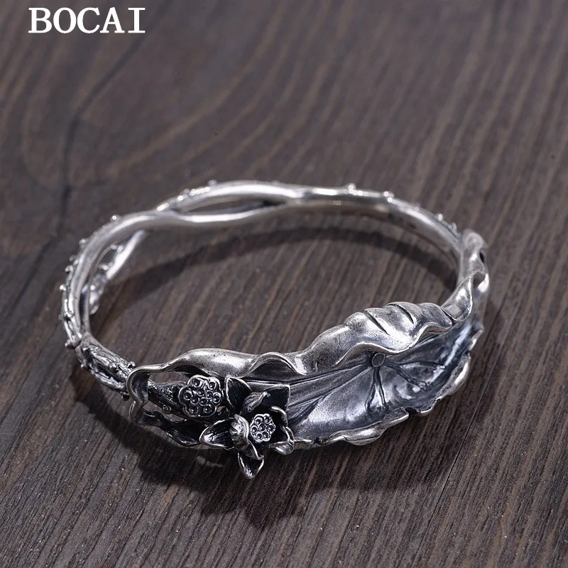 

BOCAI S990 Pure Silver Retro Creativity Niche Personality Ethnic Style Lotus Leaf Women's Bracelet