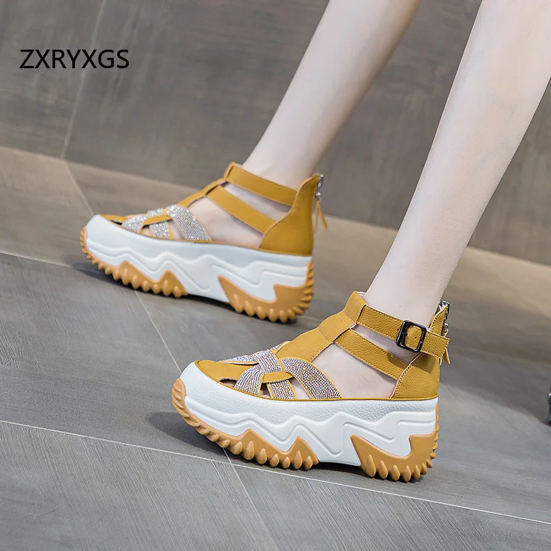 ZXRYXGS Summer Women Sandals Platform Non-slip Elevated Sandals Cool Boots 2024 Genuine Leather Rhinestones Sandals Roman Shoes