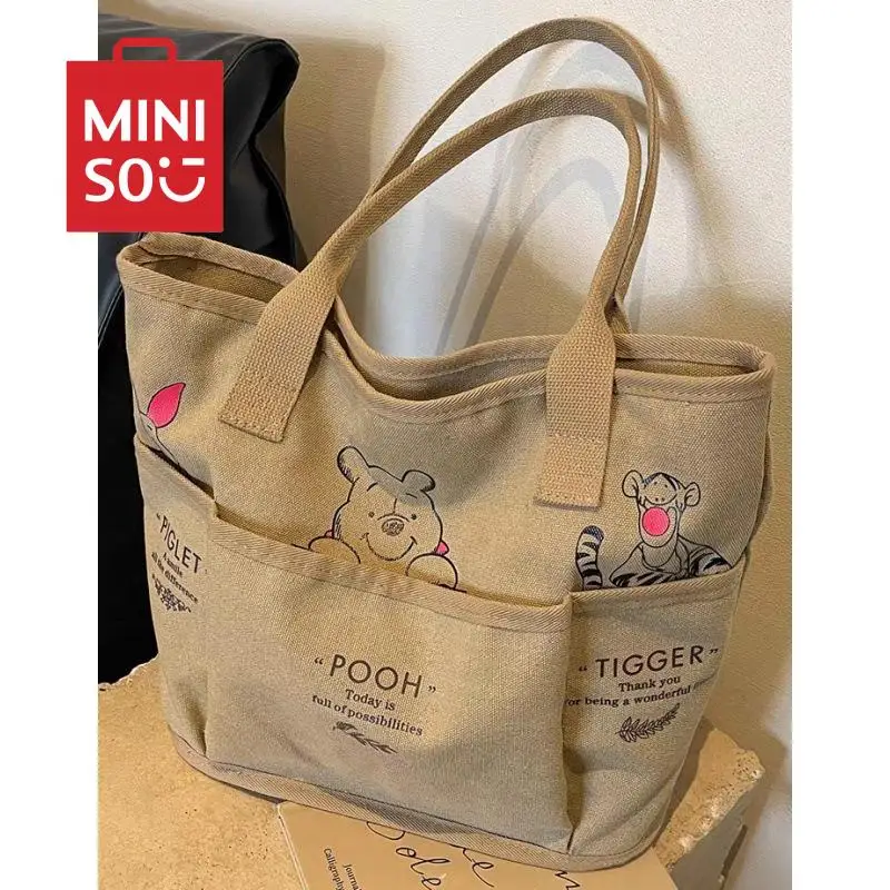 

MINISO retro tote bag for women large capacity canvas bag for female students book carrying bag for class commuting shoulder bag