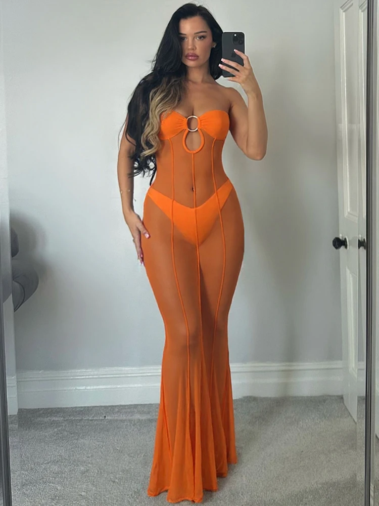 Weird Puss Mesh Patchwork Women Dress See Through Hollow Strapless Elastic Slim Fit Sexy Coquette Vacation Seaside Party Bodycon