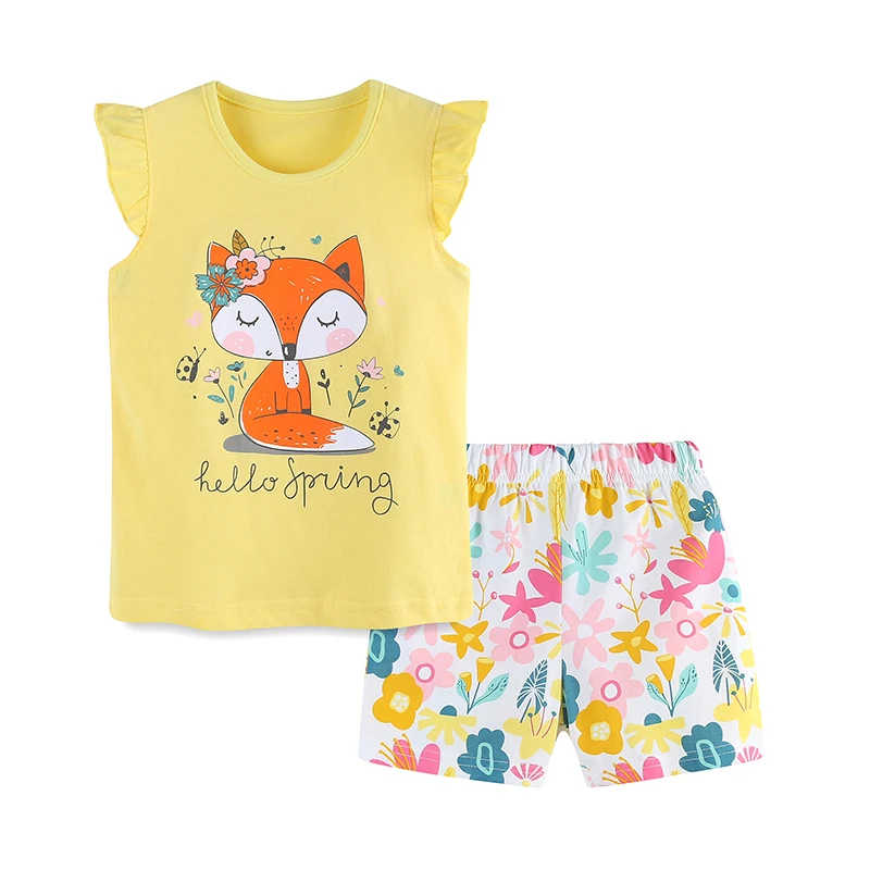 Two Piece Summer Girl's Lotus Leaf Sleeve Set Casual Style Knitted Cotton Cute Cartoon Fox Shorts Set 2-7Y
