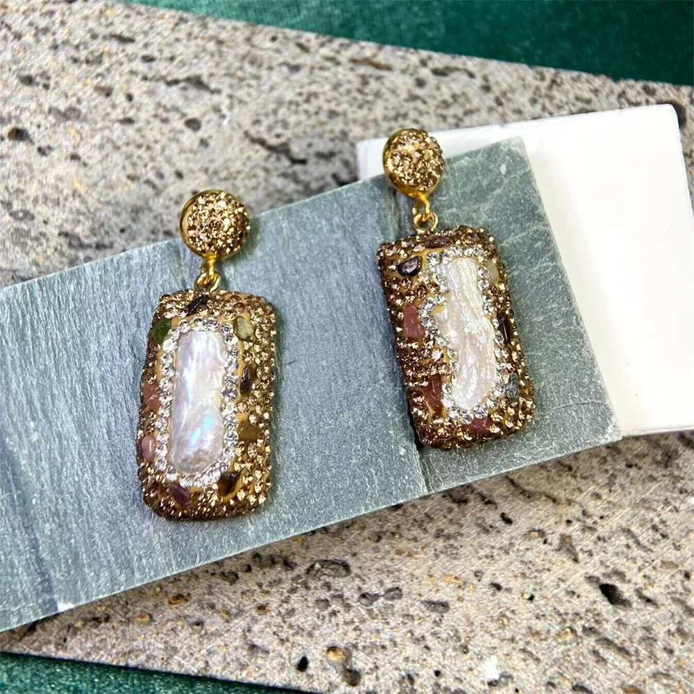 Handgefertigte barocke Süßwasserperlen-Ohrringe, lange Form, Ton-Turmalin, Strass-Kristall-Schmuck für Frauen, Party