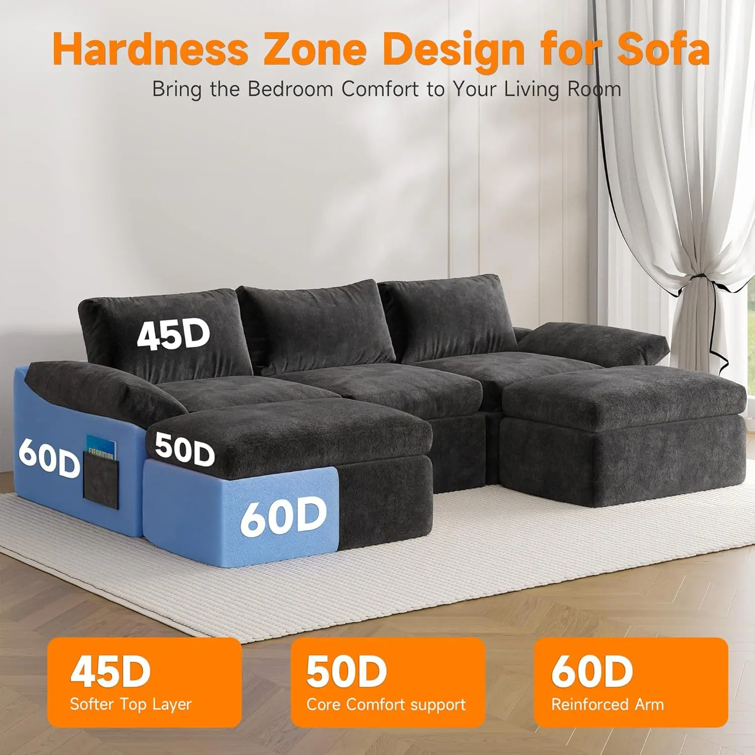 Cloud sofa living room modular sectional sofa, U-shaped boneless sofa with deep seat