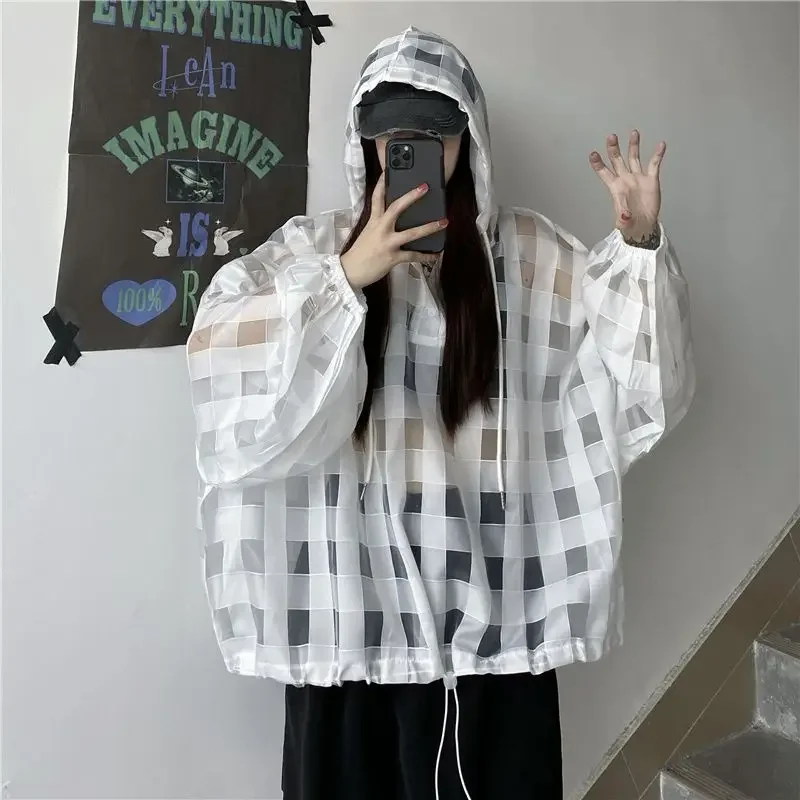 Hollow Out Thin Loose Street Casual Blouse Summer New Long Sleeve Solid Plaid Trend Shirt Tops Fashion High Street Women Clothes