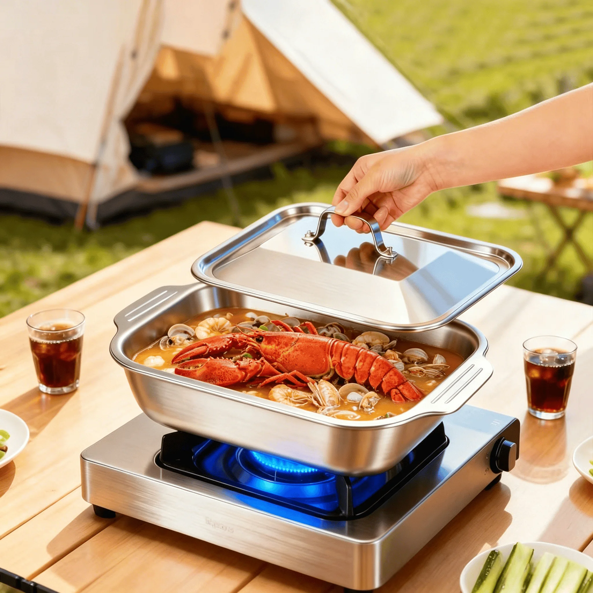 Plancha para Asar Plana de Acero Inoxidable de 16.14 Pulgadas/41 cm con Tapa para Carne, Pollo, Pan, Cocción al Vapor, Barbacoa y Pescado, Versión Reforzada