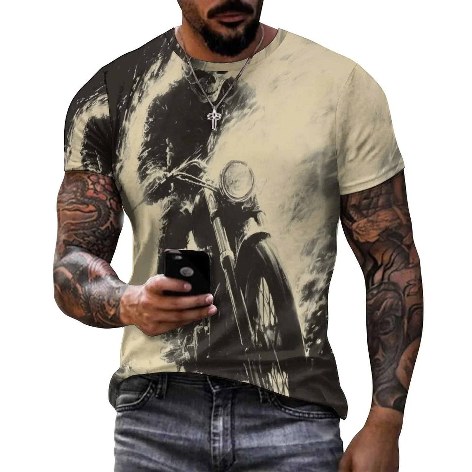 Men's 3D Motorcycle Digital Print T-shirt, Casual Comfort T-shirt, Short-sleeved Pullover, Men's Summer Wear, New, 2024