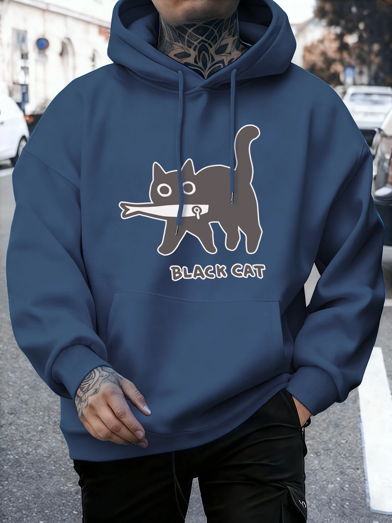 Eine schwarze Katze, die ich fische essen Sweatshirt Männer Vintage Hip Hop Kleidung Mode lose Pullover Unisex Fleece Langarm
