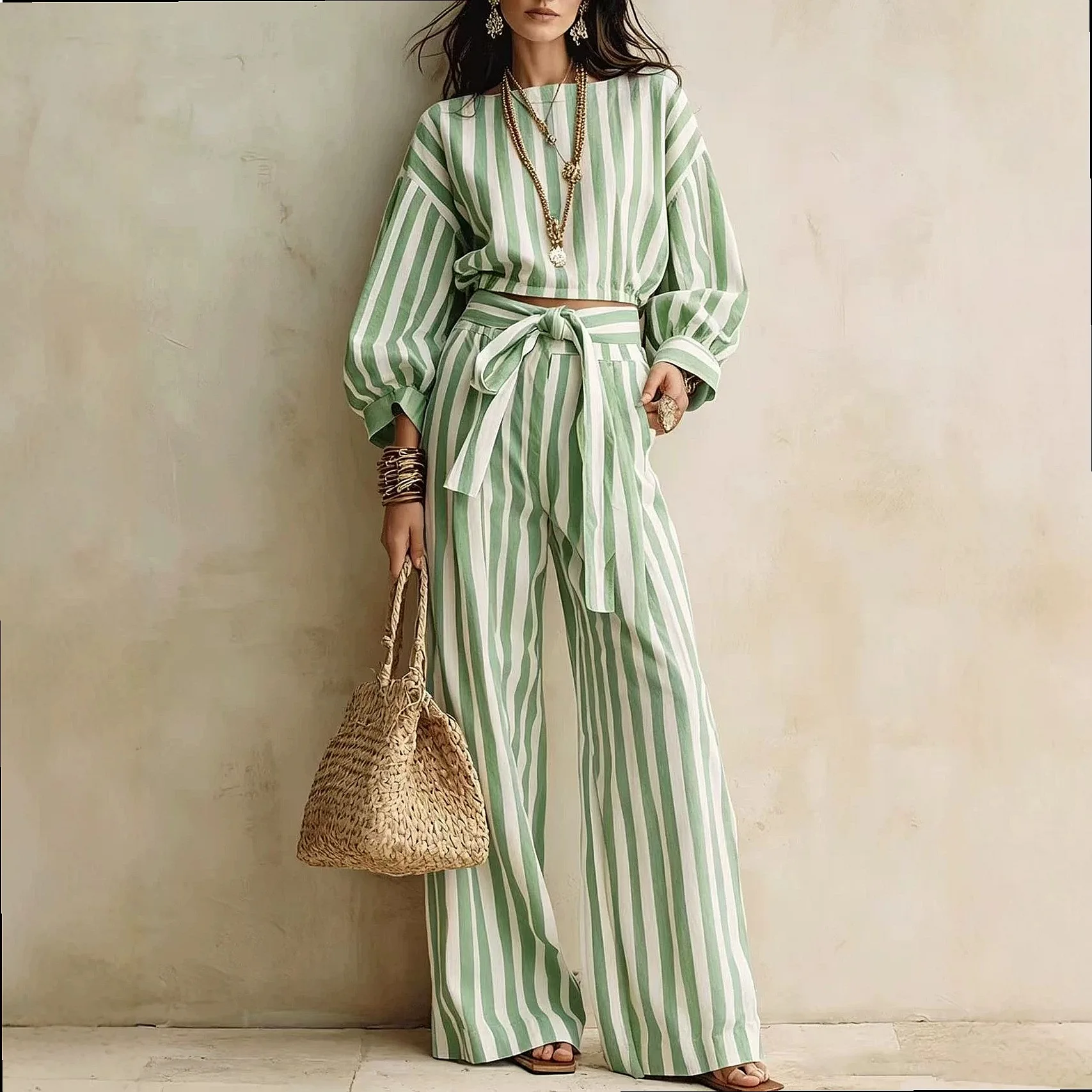 Striped Crop Top and Wide Leg Pants Matching Set Women Casual Tie Waist Two Piece Outfit Spring Summer