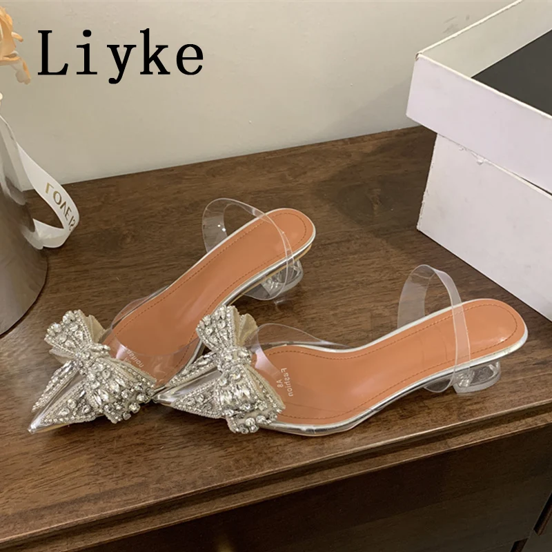 Liyke Fashion Design Crystal Bowknot Women Pumps Sexy Pointed Toe Clear High Heels Wedding Prom Shoes PVC Transparent Sandals