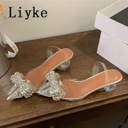 Liyke Fashion Design Crystal Bowknot Women Pumps Sexy Pointed Toe Clear High Heels Wedding Prom Shoes PVC Transparent Sandals