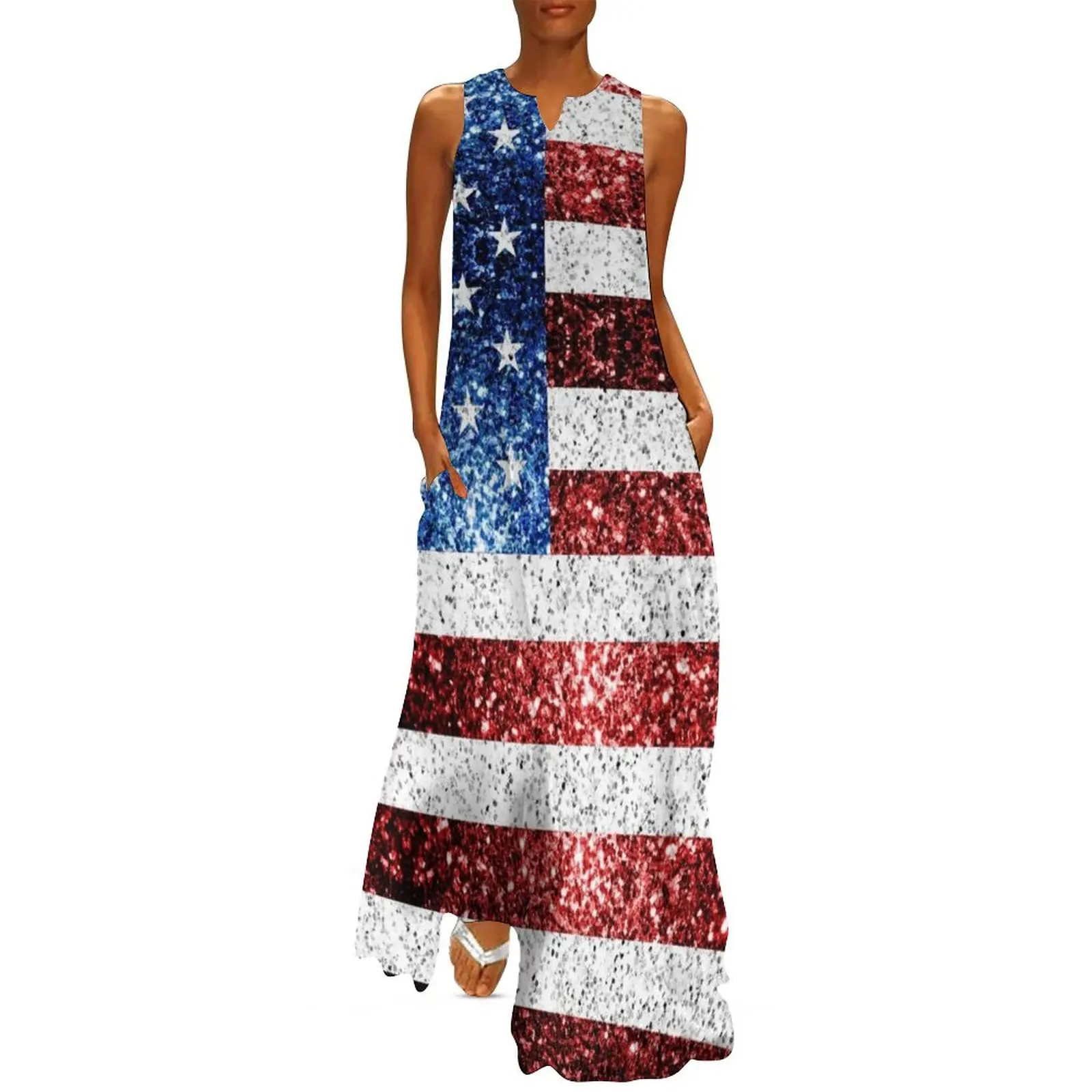 

USA flag Red White Blue faux Sparkles America patriotic bling 4th of July (Photo of Glitter - Not Reflective) Long Dress