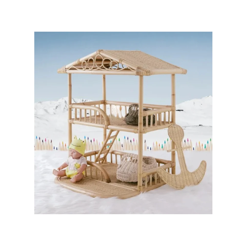 Eco Friendly Children Wicker Handmade Kids Rattan Doll House Play House Furniture Bookcase Room Decor