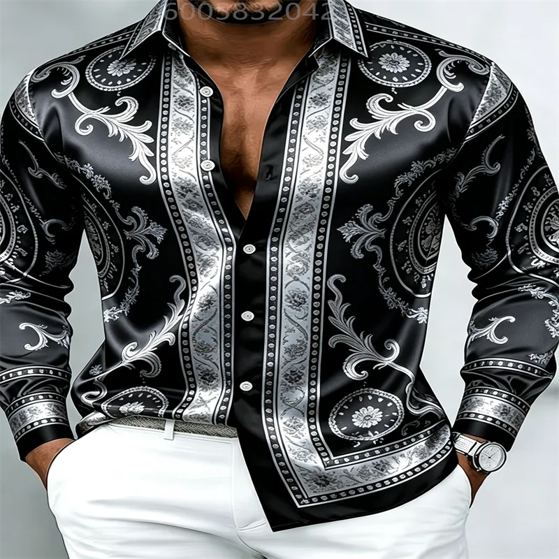 Men Silky Satin Button‑Down Shirt Vintage Silver Baroque Medallion Pattern Long Sleeve Turn‑Down Collar Male Banquet Party Casua