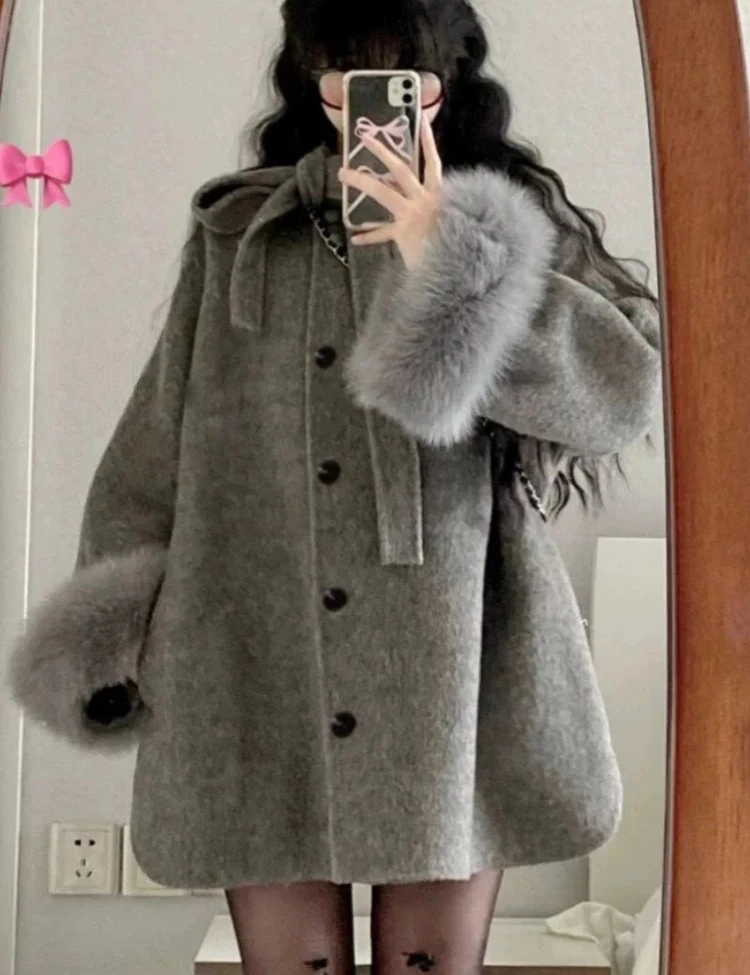 

Grey Women's Sweet Temperament Coat Autumn/Winter Fashion Elegant Women's Medium Length Bow Wool Cloak Coat Top