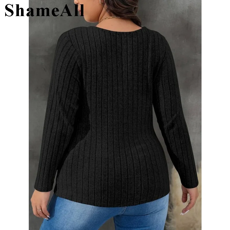 Women's Plus Size versatile slim fit T-shirt autumn and winter elegant style V-neck fashionable top