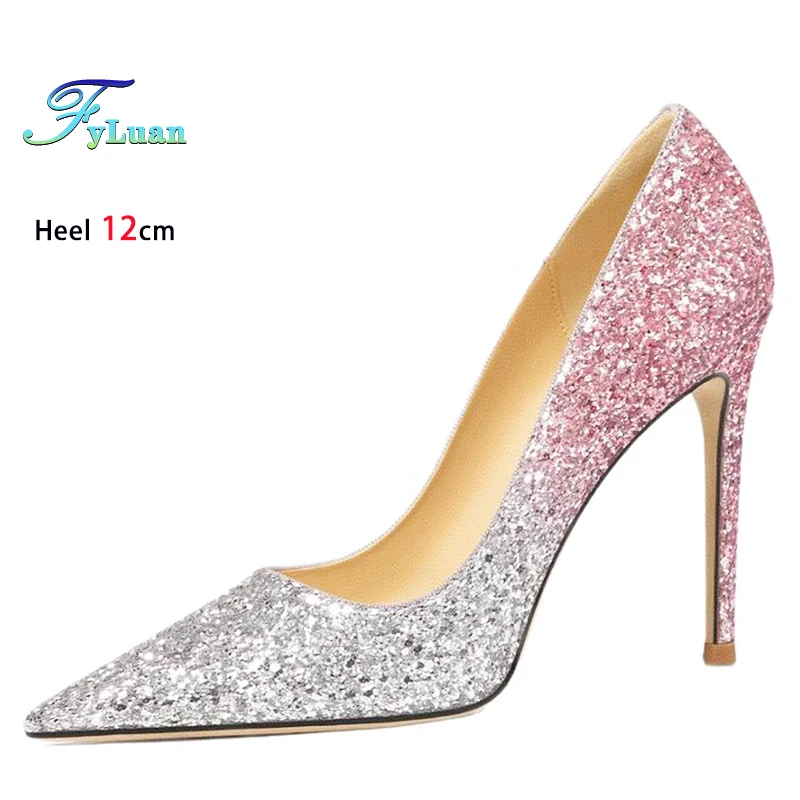 

Glitter Gradient Pink High Heels 12cm 10cm 8cm Women's Shoes Thin Heels Pointed Head Ladies Pumps Shallow Stiletto Wedding Shoes