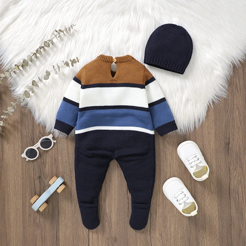 Baby Romper Set Knitted Infant Girl Boy Jumpsuit Outfits Long Sleeve Autumn Newborn Kid Clothes Hat Fashion Striped 2PC Overalls