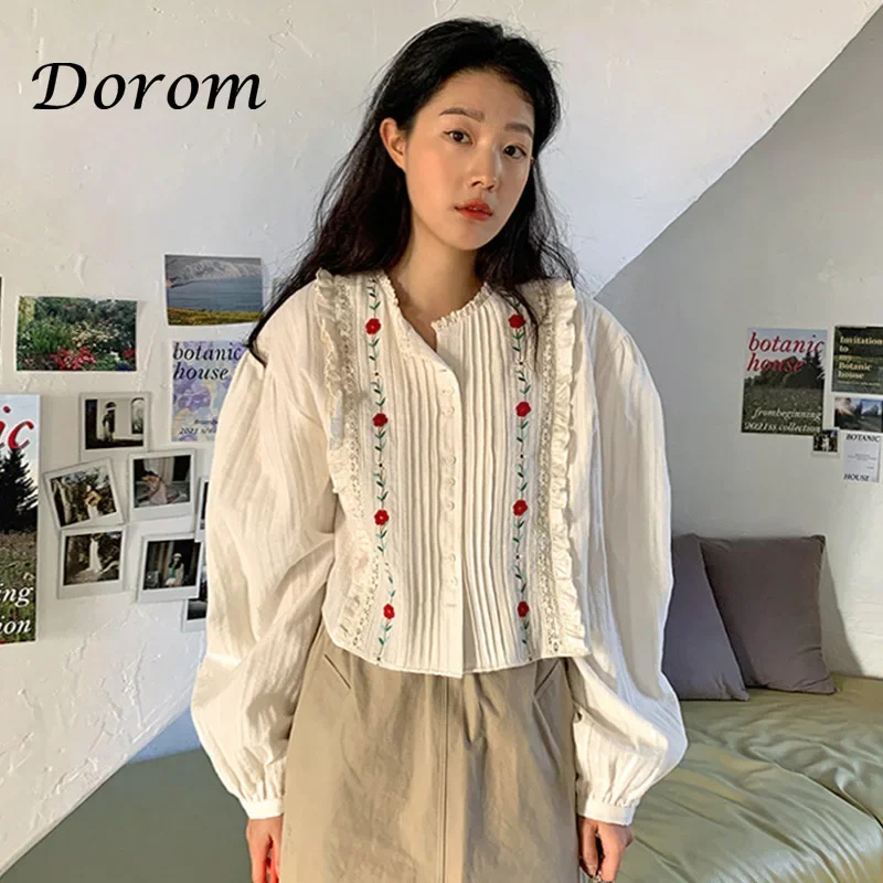 Vintage Embroidery White Shirt For Women Spring Korean Casual Pleated Single-breasted Blouses Female Sweet Loose Puff Sleeve Top