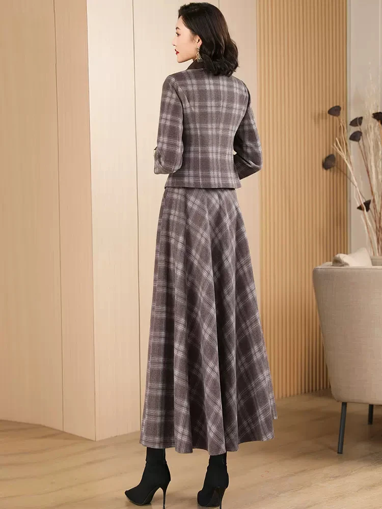 New Women Woolen Skirt Suits Spring Autumn Fashion Turn-down Collar Slim Suit Jacket And Empire Wait Long Skirt Two-pieces Set