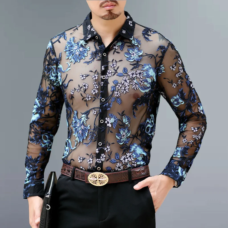 Embroidery Lace Club Party Shirt Luxury Transparent Shirt Men Long Sleeve Chemise Hommesexy See Through Mesh Shirt Men 4xl