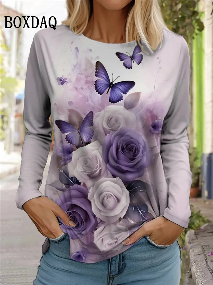 Rose Blume Schmetterling T-Shirt Frauen Krawatte Dye Print Langarm Tops übergroße Herbst Winter lässig Pullover lose weibliche Kleidung